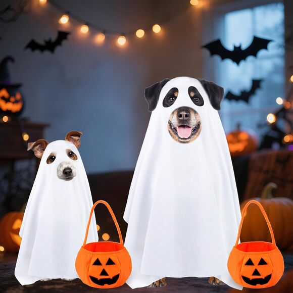 Dog Ghost Halloween Costume with Pumpkin Bag Funny Pet Outfit for Large Dogs - Picture 6 of 6